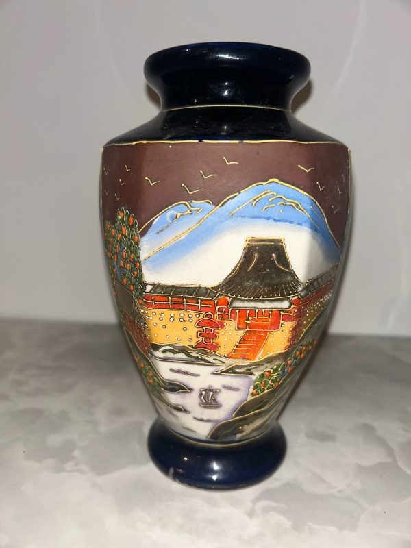 Vintage Japanese Satsuma Moriage Vase – Cobalt Blue & Mount Fuji Landscape